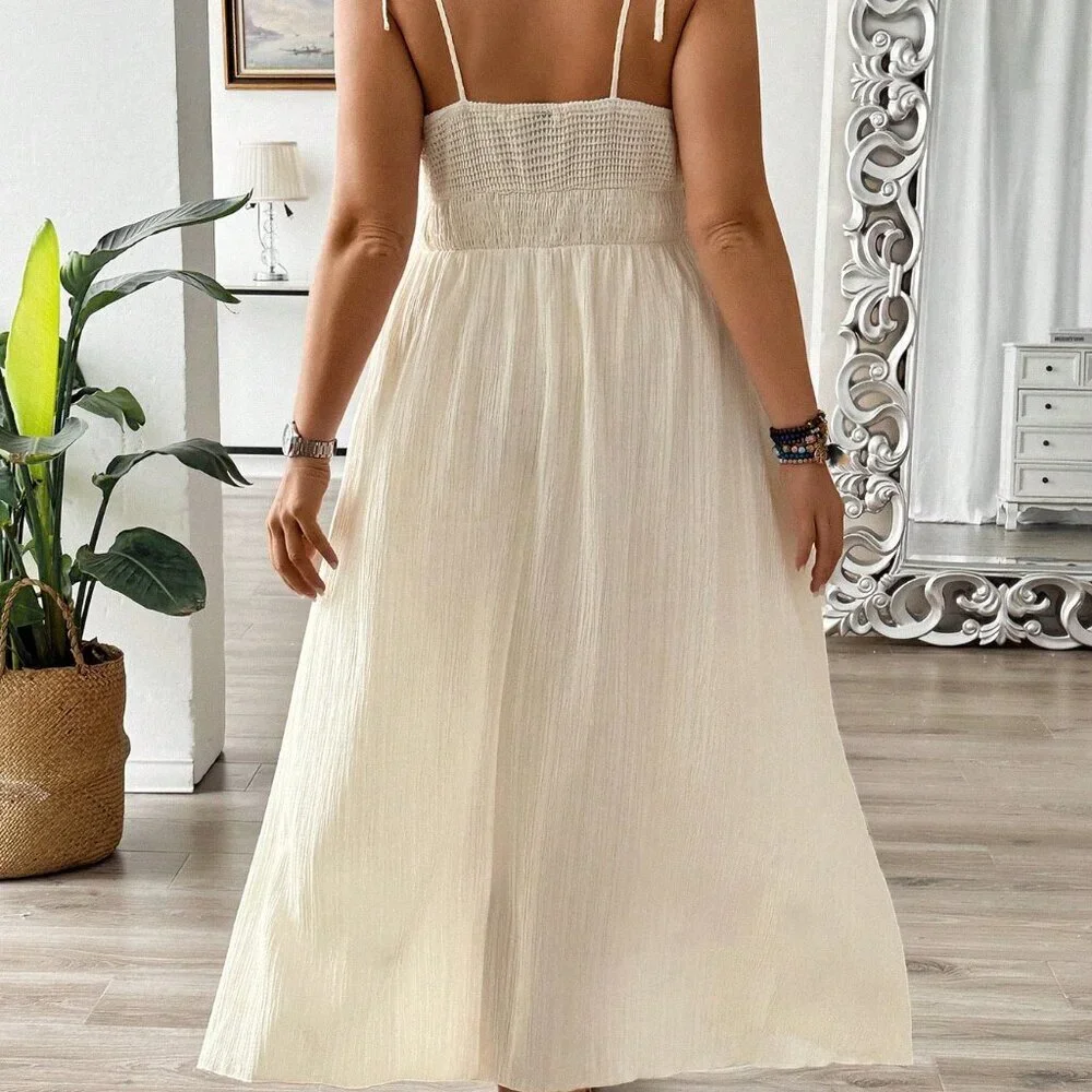 Apricot Boho Women's Plus Size V-Neck Knitted Embroidered Sleeveless Dress - Picture 3 of 6